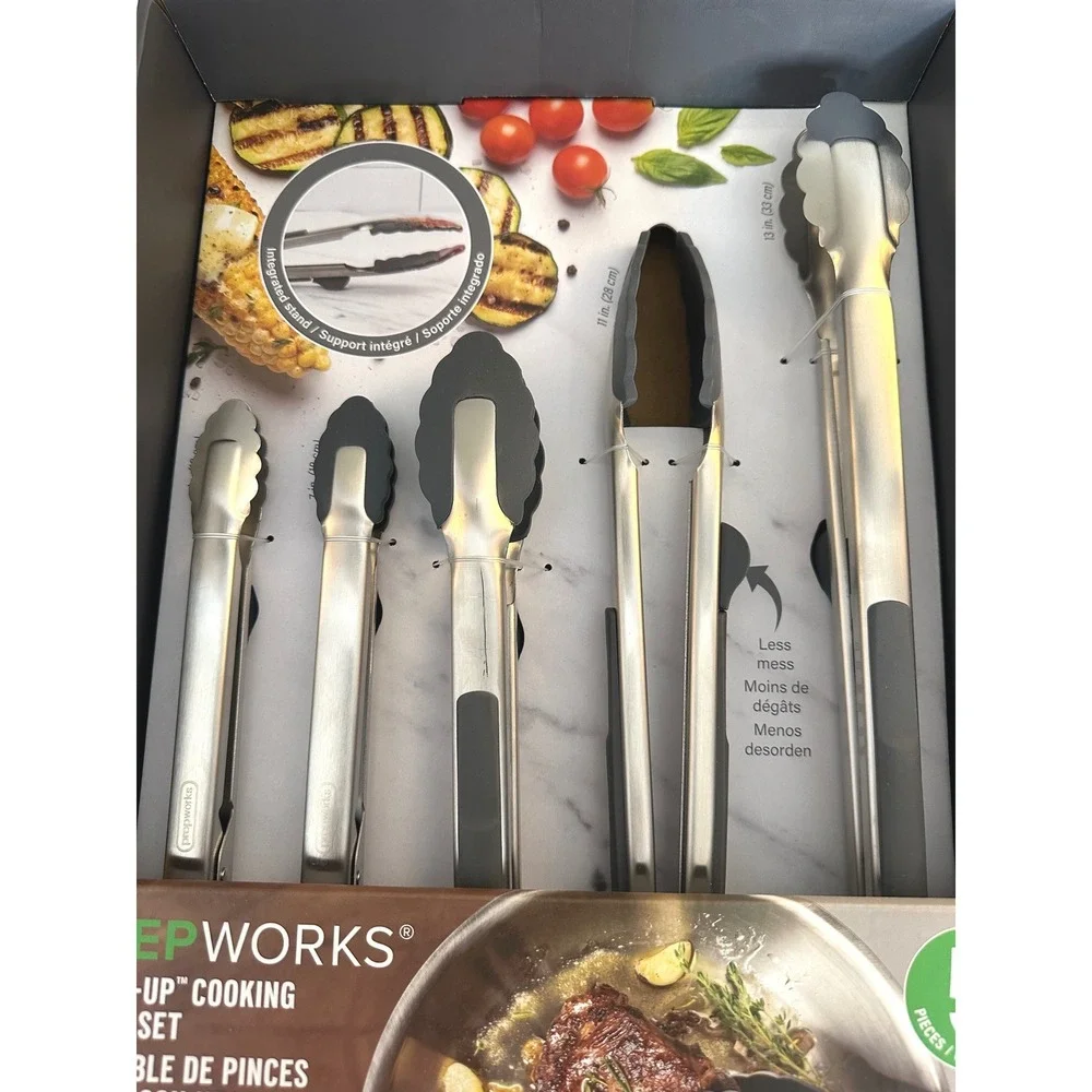 PrepWorks Silver Silicone Heads-Up Cooking Tongs‎ Set 5 Piece